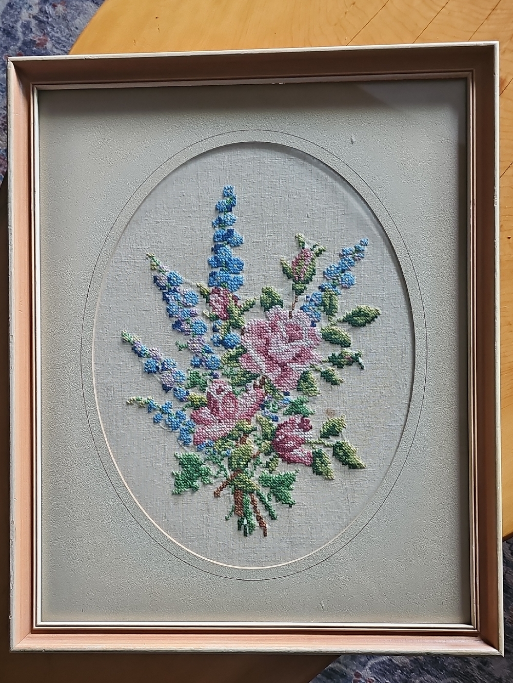 Handmade Pink & Blue Floral Cross-Stitch Wall Art